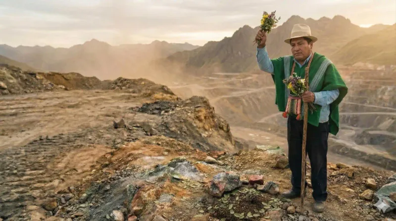 Brujo Oscar Chasquero realizando florecimiento para minas en Perú