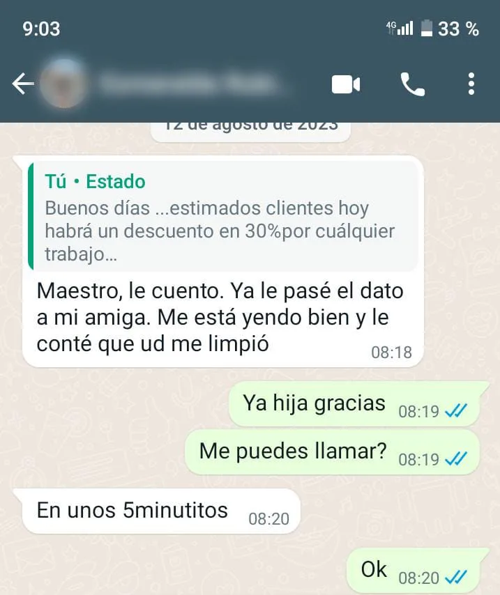 Testimonio WhatsApp — trabajo cumplido